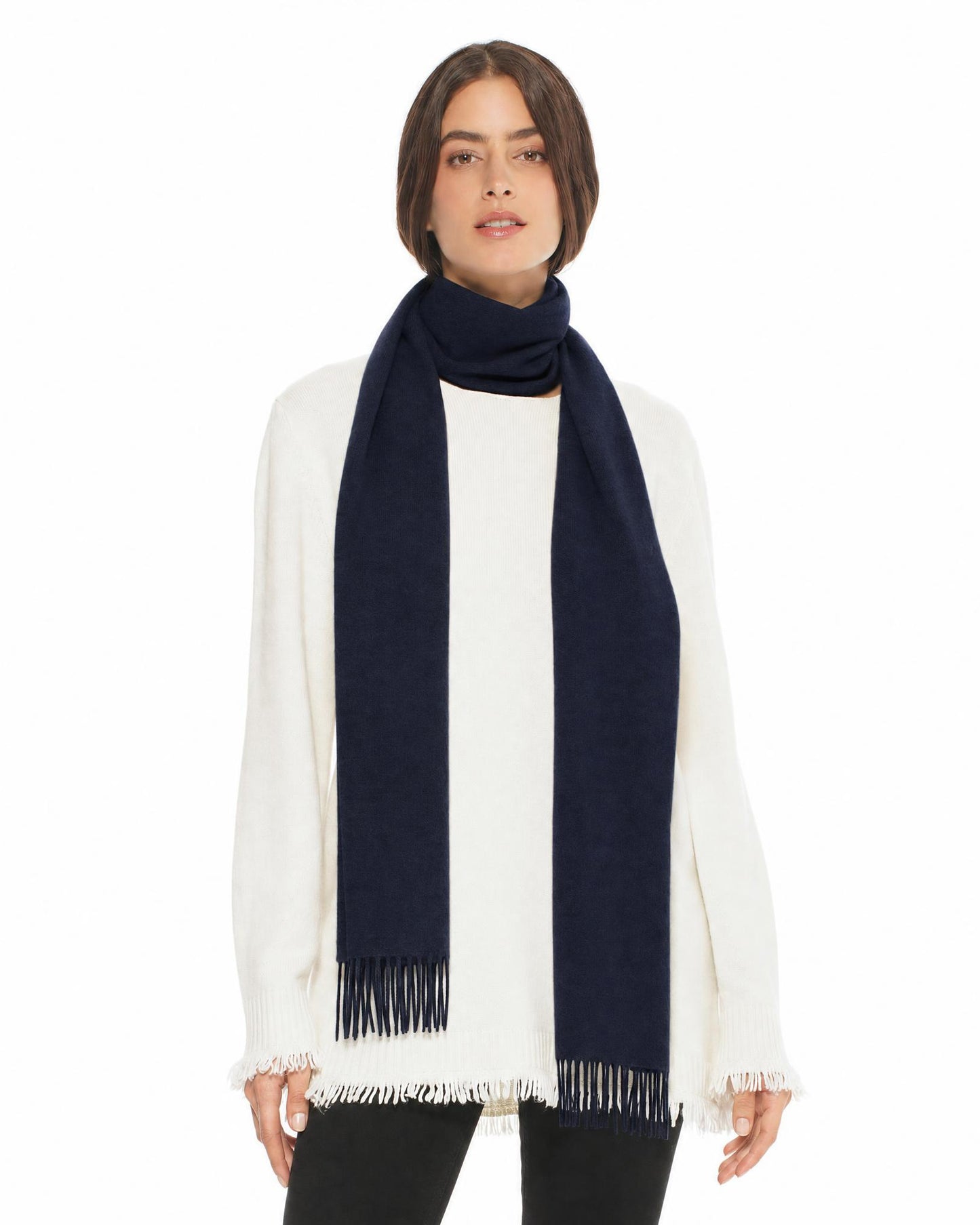 Essential Pure Cashmere Woven Scarf With Fringes Night Blue