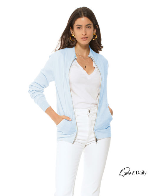 Oprah Daily - Women's Pure Cashmere Zip Cardigan Baby Blue