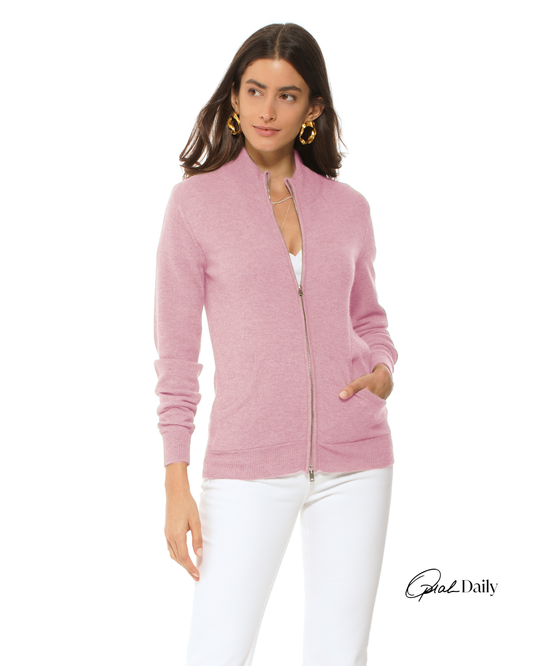 Oprah Daily - Women's Pure Cashmere Zip Cardigan Baby Pink