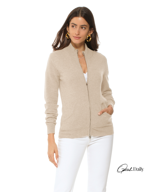 Oprah Daily - Women's Pure Cashmere Zip Cardigan Beige