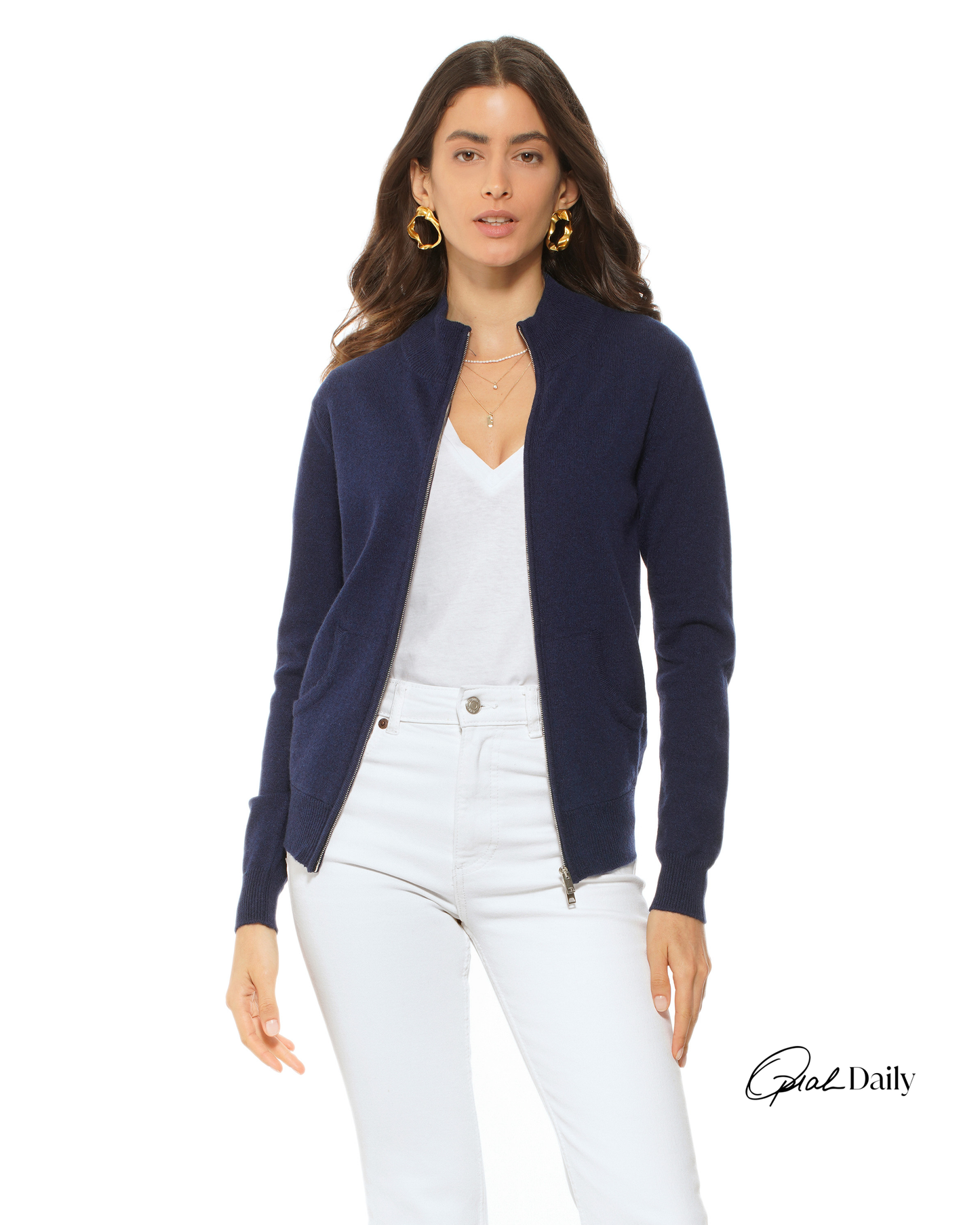 Oprah Daily - Women's Pure Cashmere Zip Cardigan Blue
