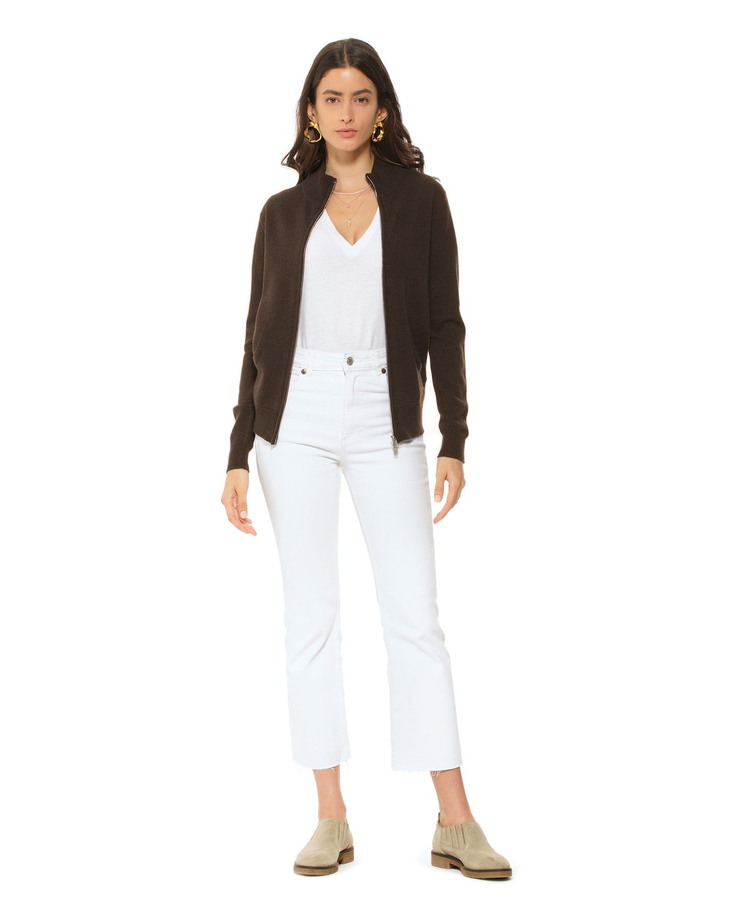 Oprah Daily - Women's Pure Cashmere Zip Cardigan Coffee