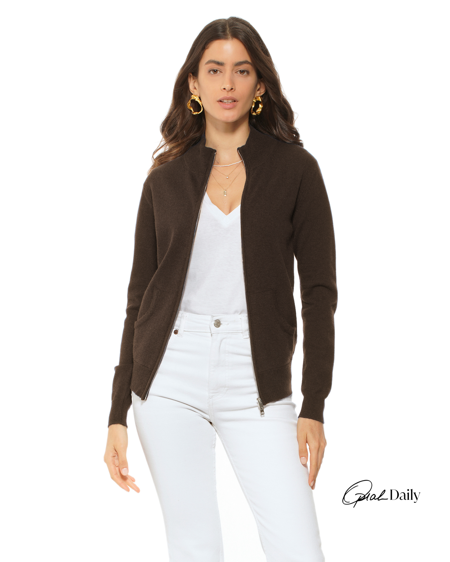 Oprah Daily - Women's Pure Cashmere Zip Cardigan Coffee