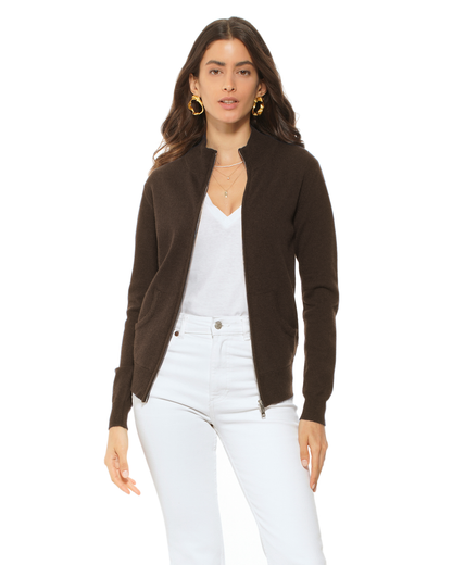 Oprah Daily - Women's Pure Cashmere Zip Cardigan Coffee