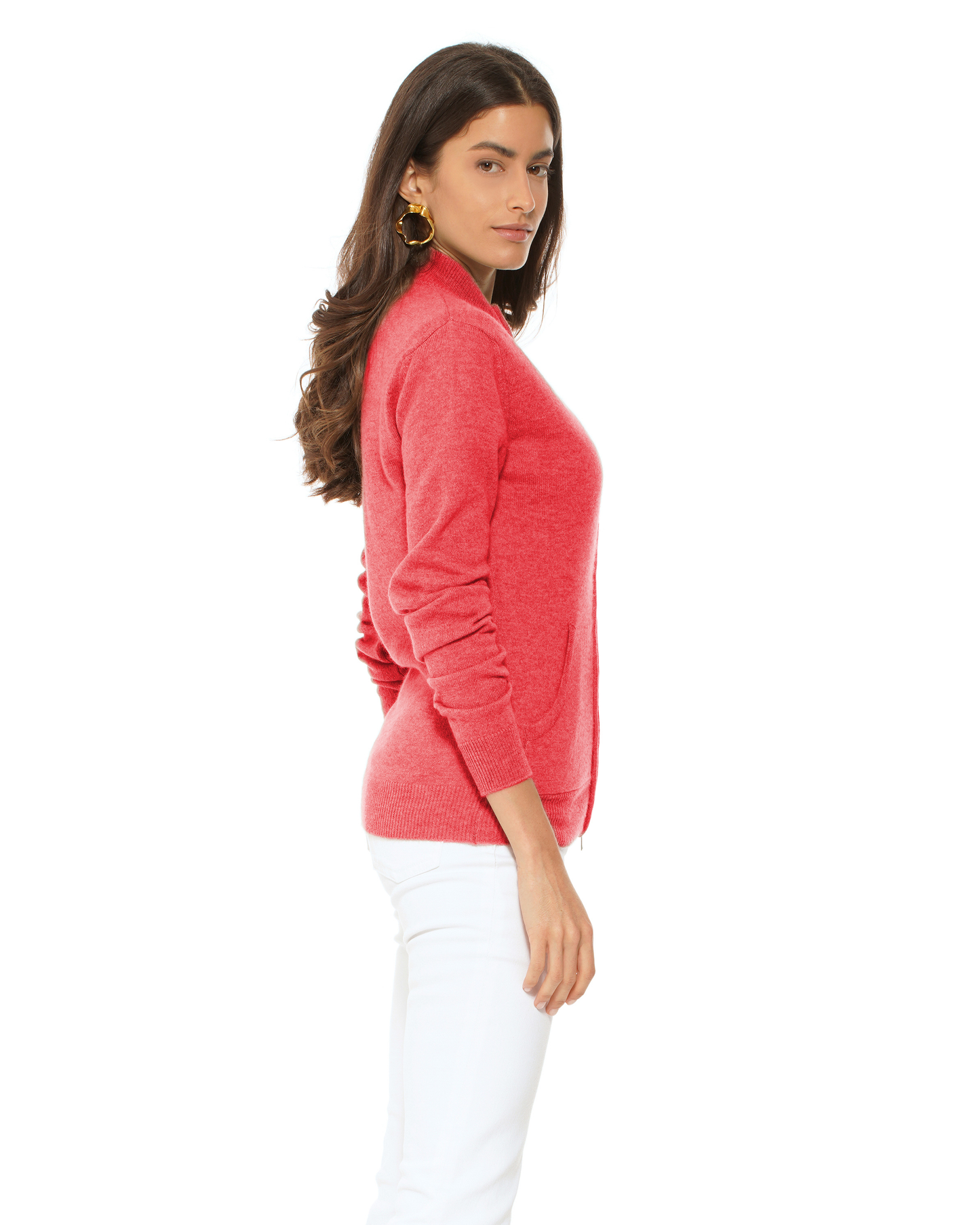 Oprah Daily - Women's Pure Cashmere Zip Cardigan Coral Red