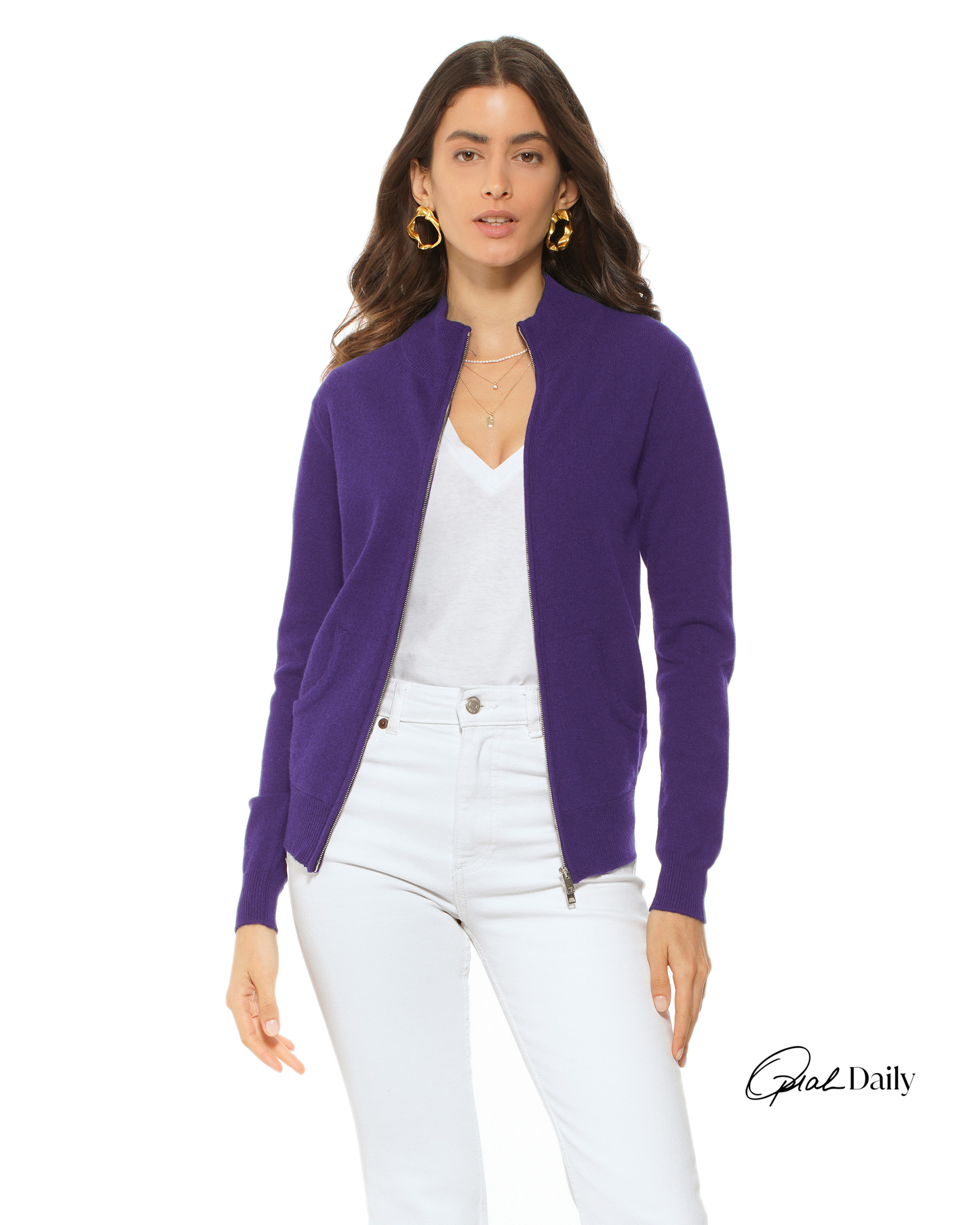 Oprah Daily - Women's Pure Cashmere Zip Cardigan Iris Purple