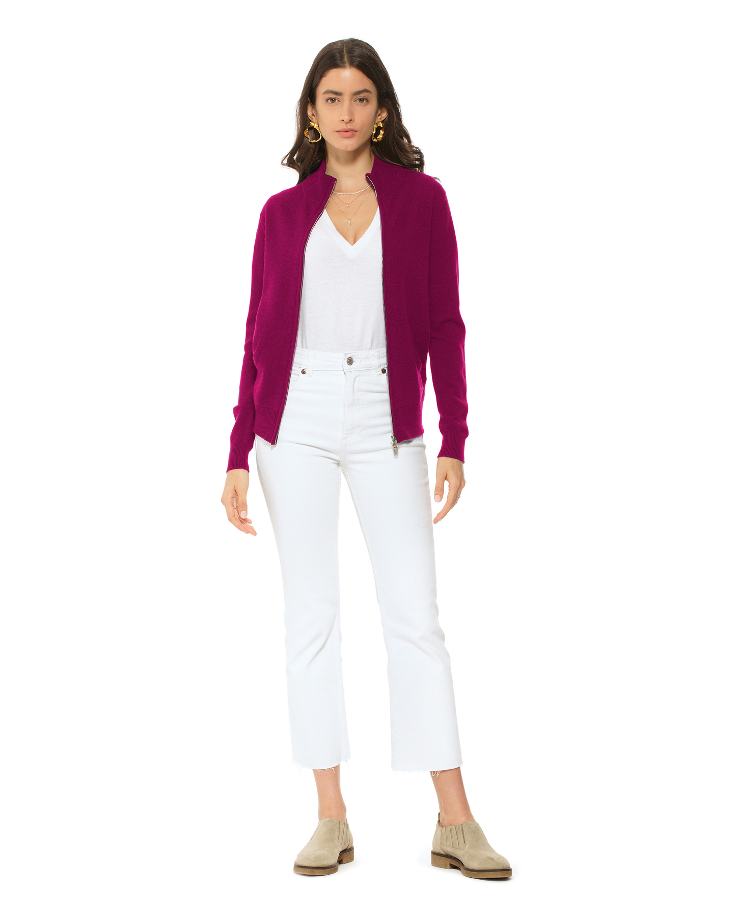 Oprah Daily - Women's Pure Cashmere Zip Cardigan Magenta