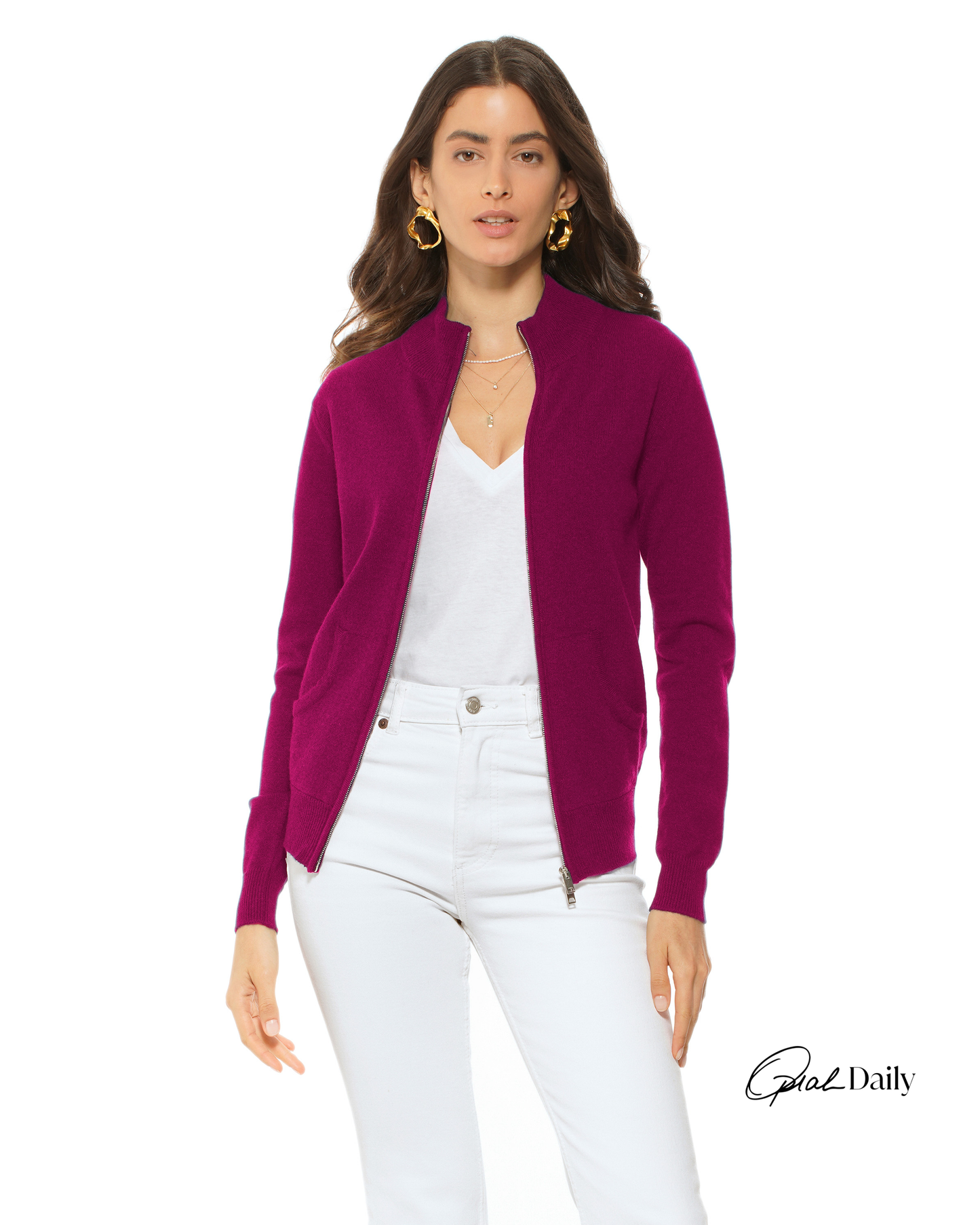 Oprah Daily - Women's Pure Cashmere Zip Cardigan Magenta