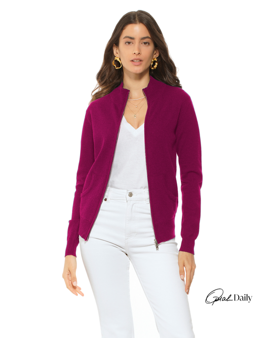 Oprah Daily - Women's Pure Cashmere Zip Cardigan Magenta