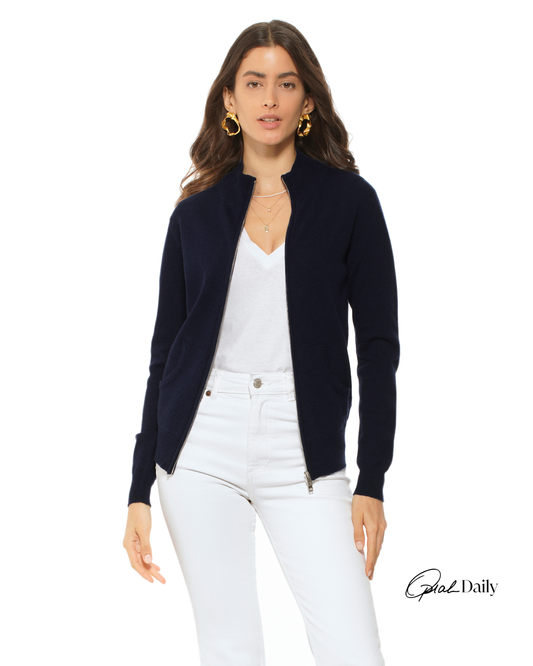 Oprah Daily - Women's Pure Cashmere Zip Cardigan Night Blue