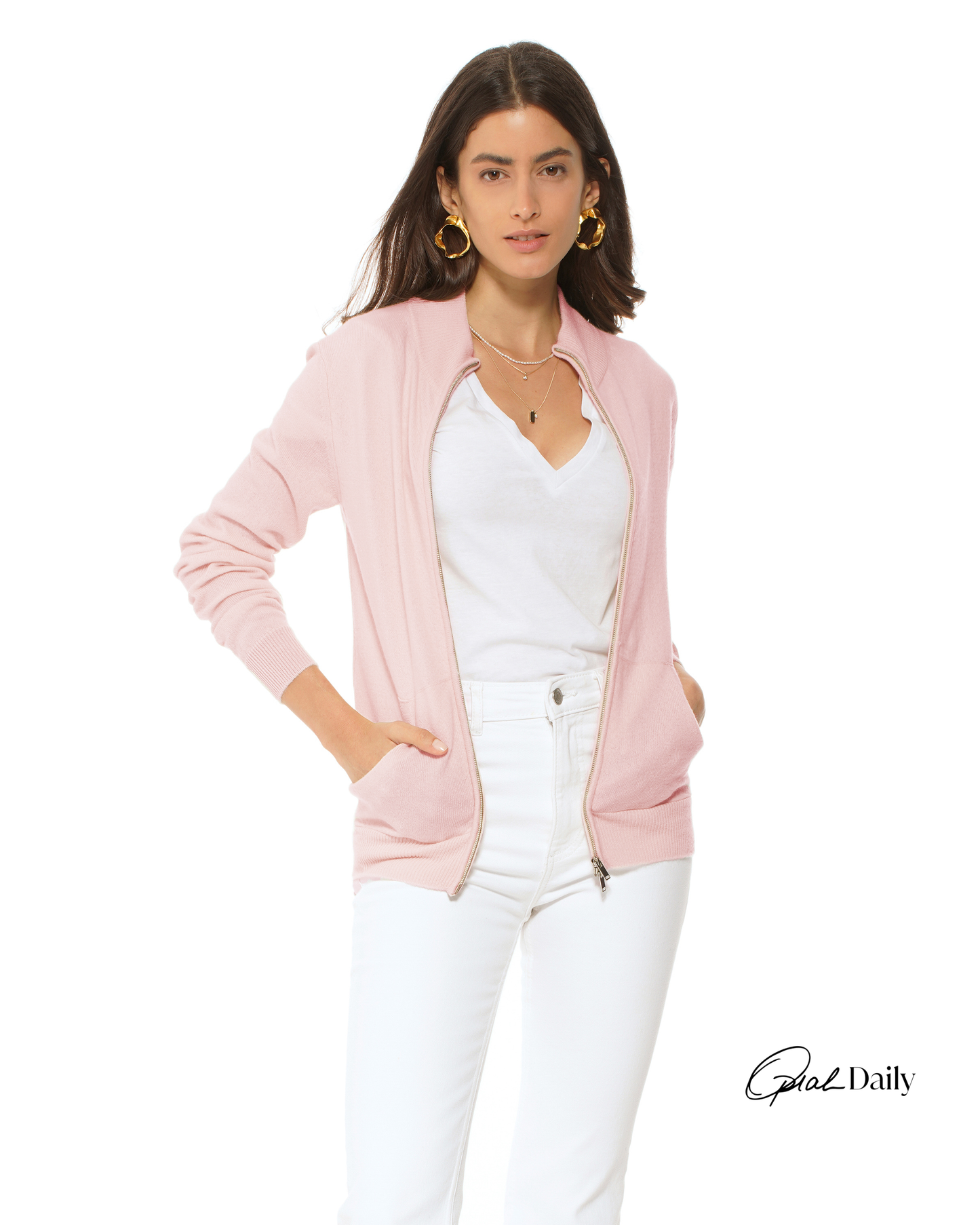 Oprah Daily - Women's Pure Cashmere Zip Cardigan Old Rose