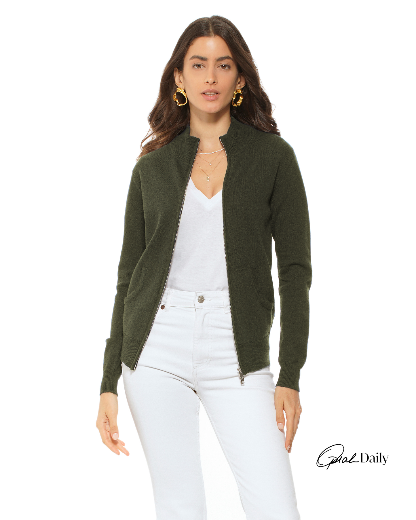 Oprah Daily - Women's Pure Cashmere Zip Cardigan Olive Green