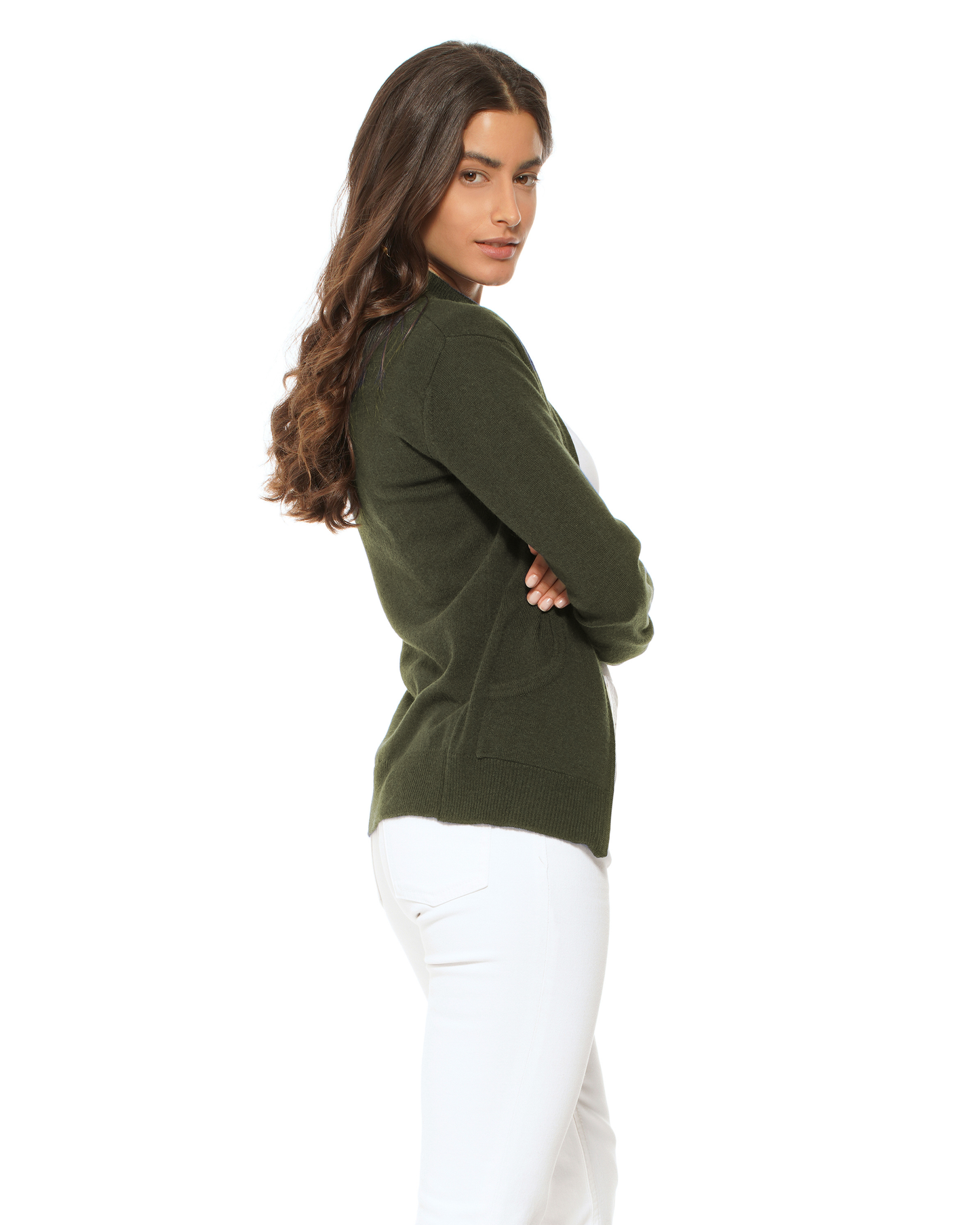 Oprah Daily - Women's Pure Cashmere Zip Cardigan Olive Green