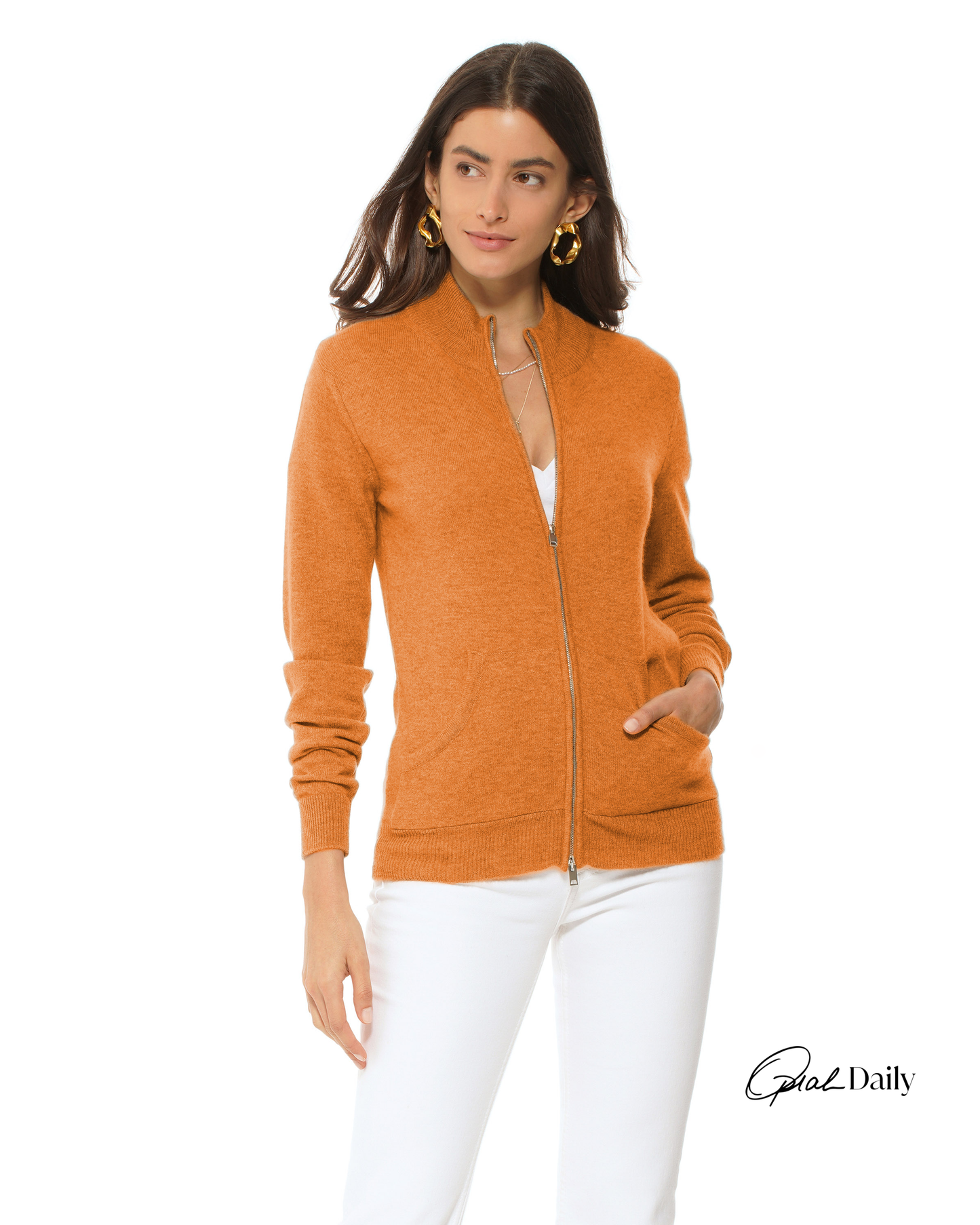 Oprah Daily - Women's Pure Cashmere Zip Cardigan Saffron