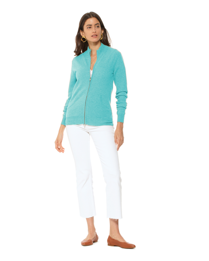 Oprah Daily - Women's Pure Cashmere Zip Cardigan Cyan