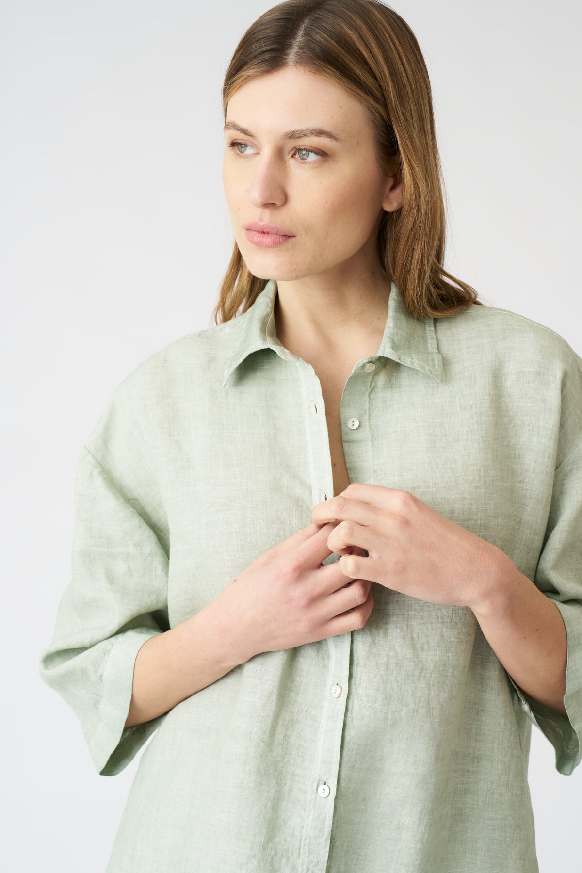 Women's Linen Shirt Dress – Pistache Soft Fade, view 2