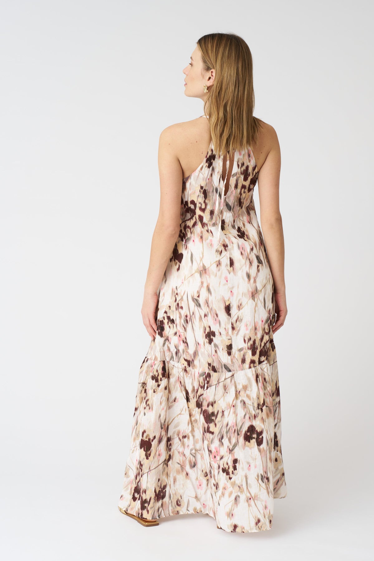 Women's Linen Japanese Flower Halter Maxi Dress – Washed-Pink Print, view 3