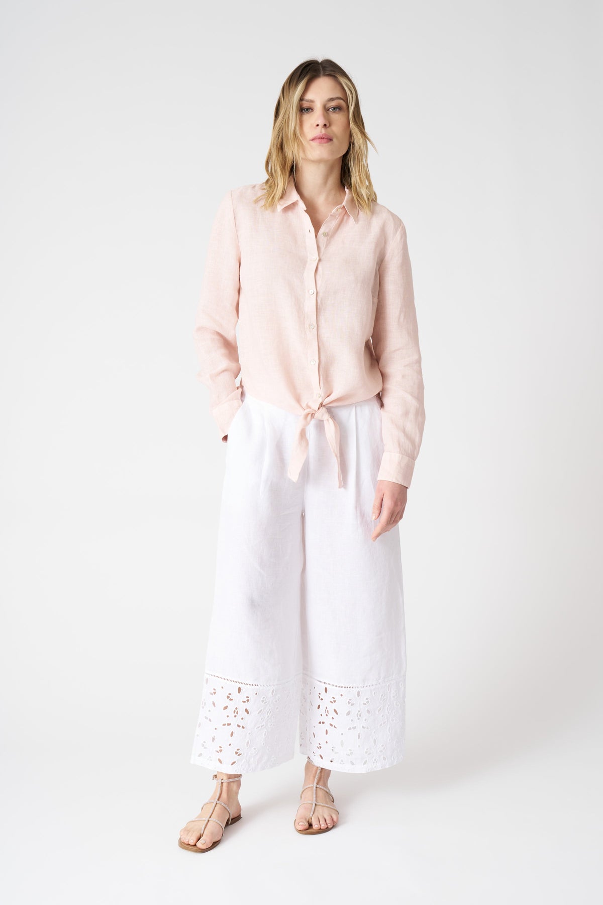 Women's Linen Shirt with Tie Detail – Cipria, view 3