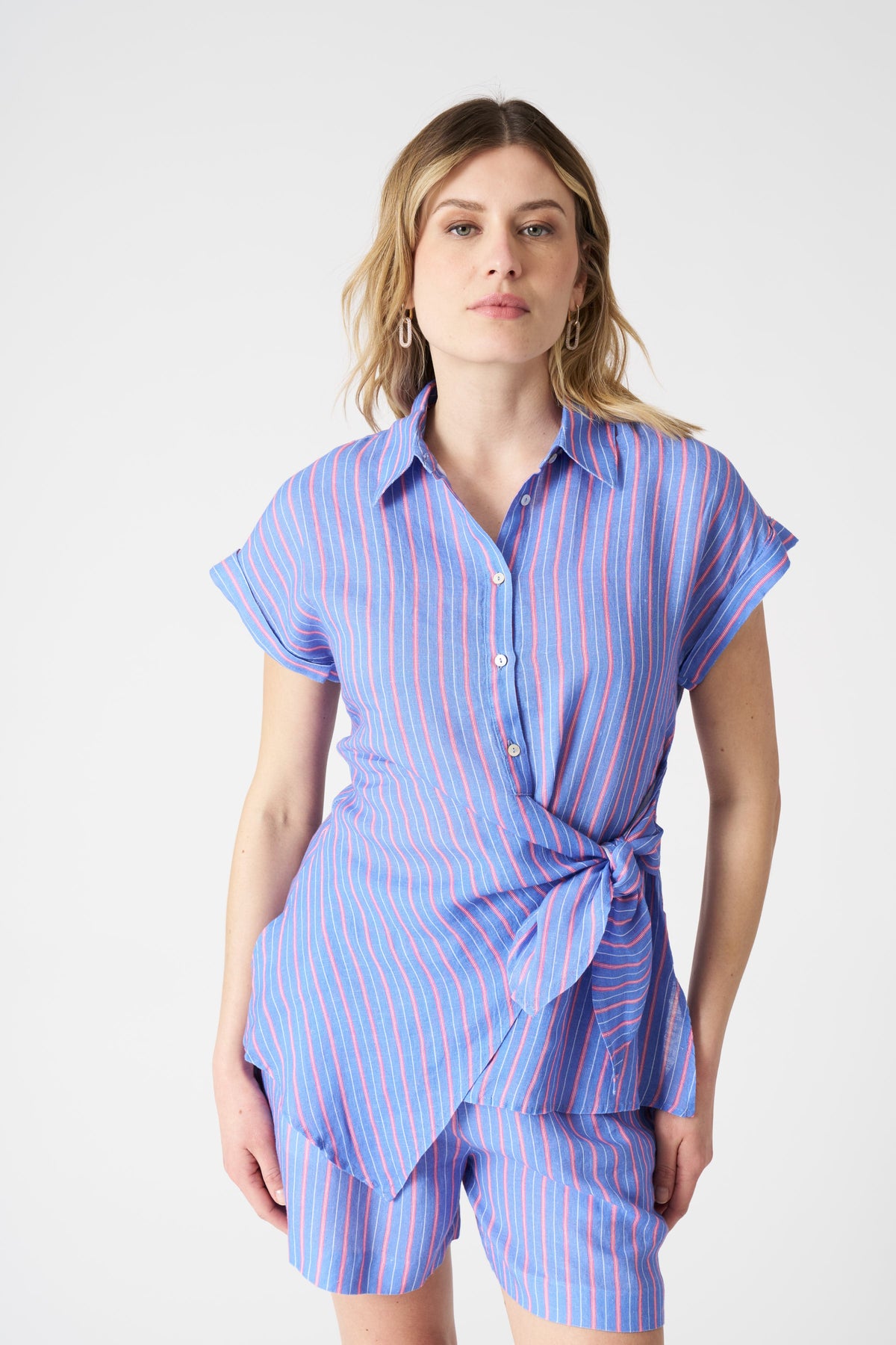 Women's Linen Striped Shirt with Draped Knot – Washed Sky, view 1