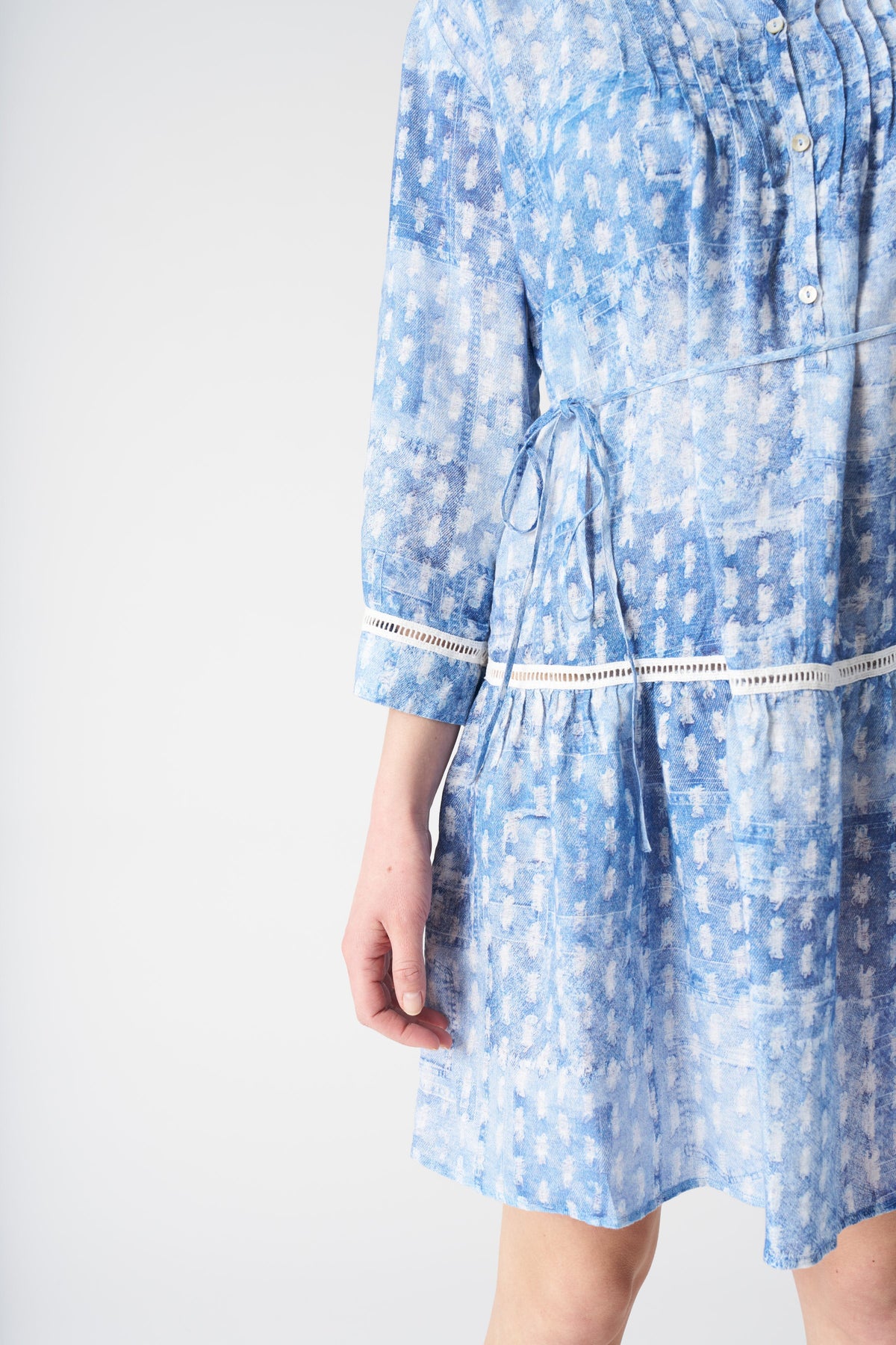 Women's Linen Patchwork-Effect Dress – Washed-Blue Print, view 2
