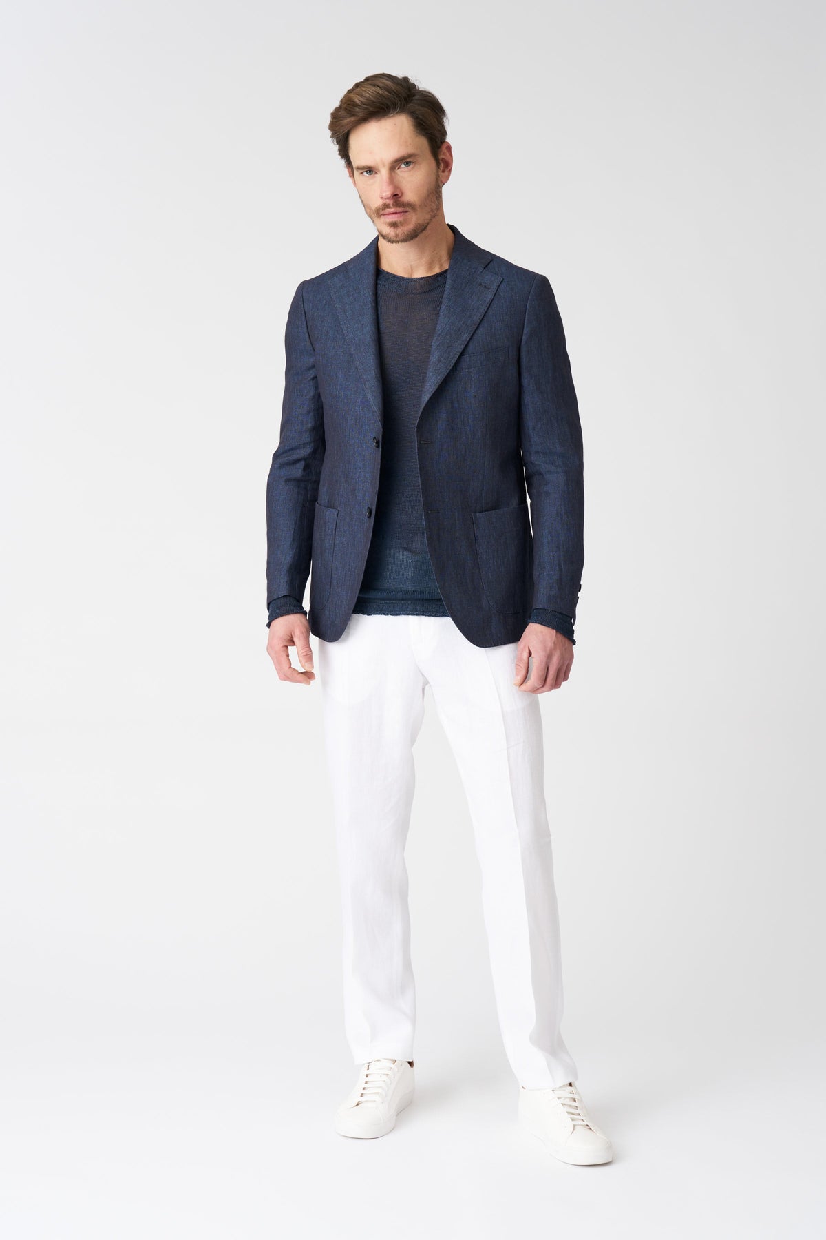 Men's Linen Slim Fit Single-Breasted Blazer with Patch Pockets – Navy, view 1