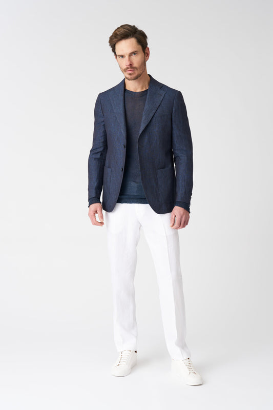 Men's Linen Slim Fit Single-Breasted Blazer with Patch Pockets – Navy, view 1