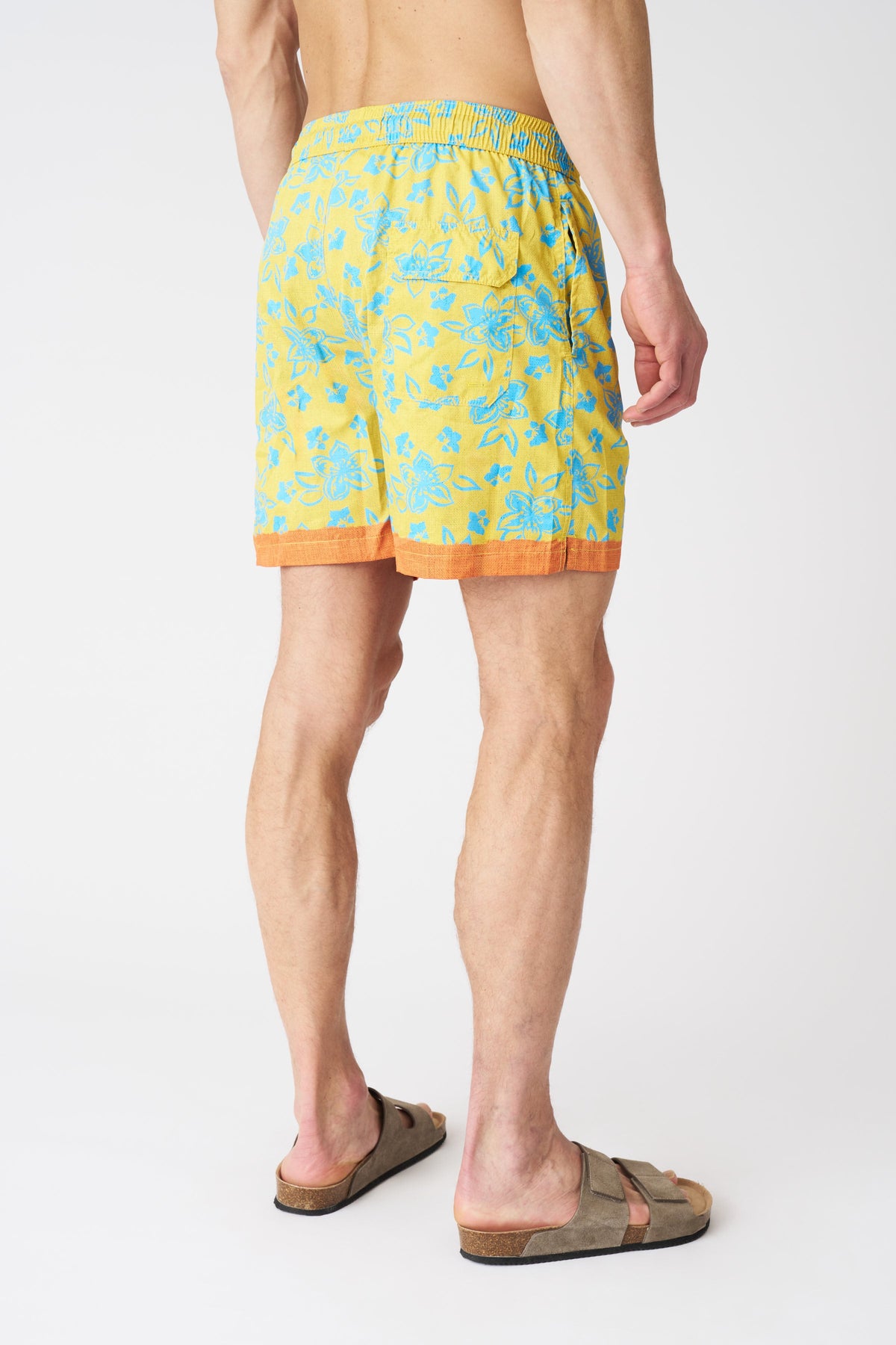 Men's Linen Painted Flower with Contrast Stripe Swim Trunks – Print + Ocra, view 4