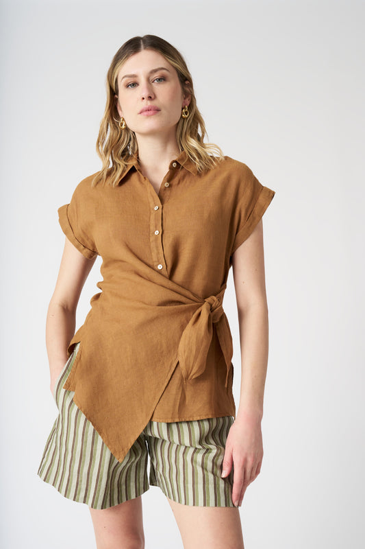 Women's Linen Shirt with Draped Knot – Curry, view 1