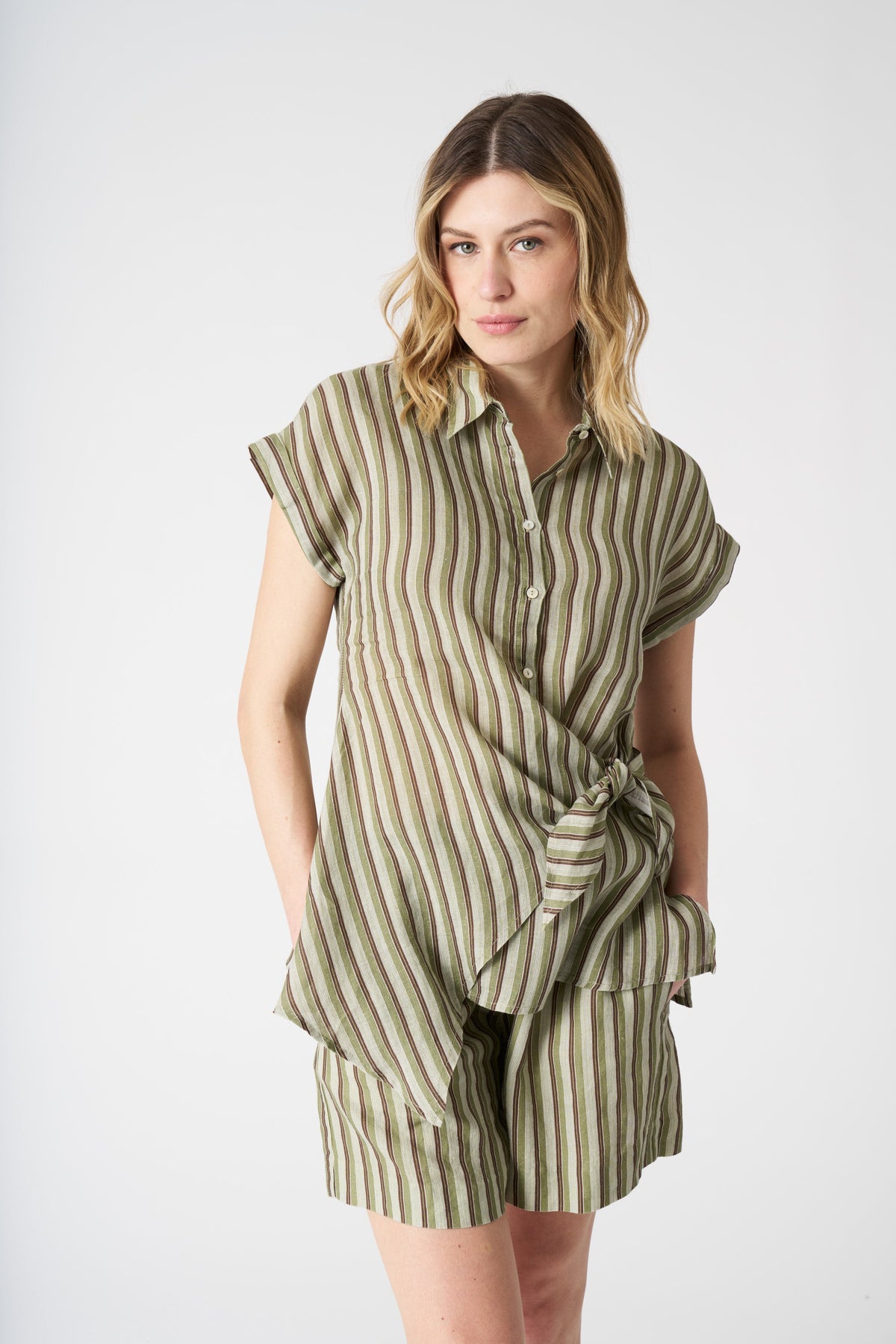 Women's Linen Striped Shirt with Draped Knot – Washed, view 1