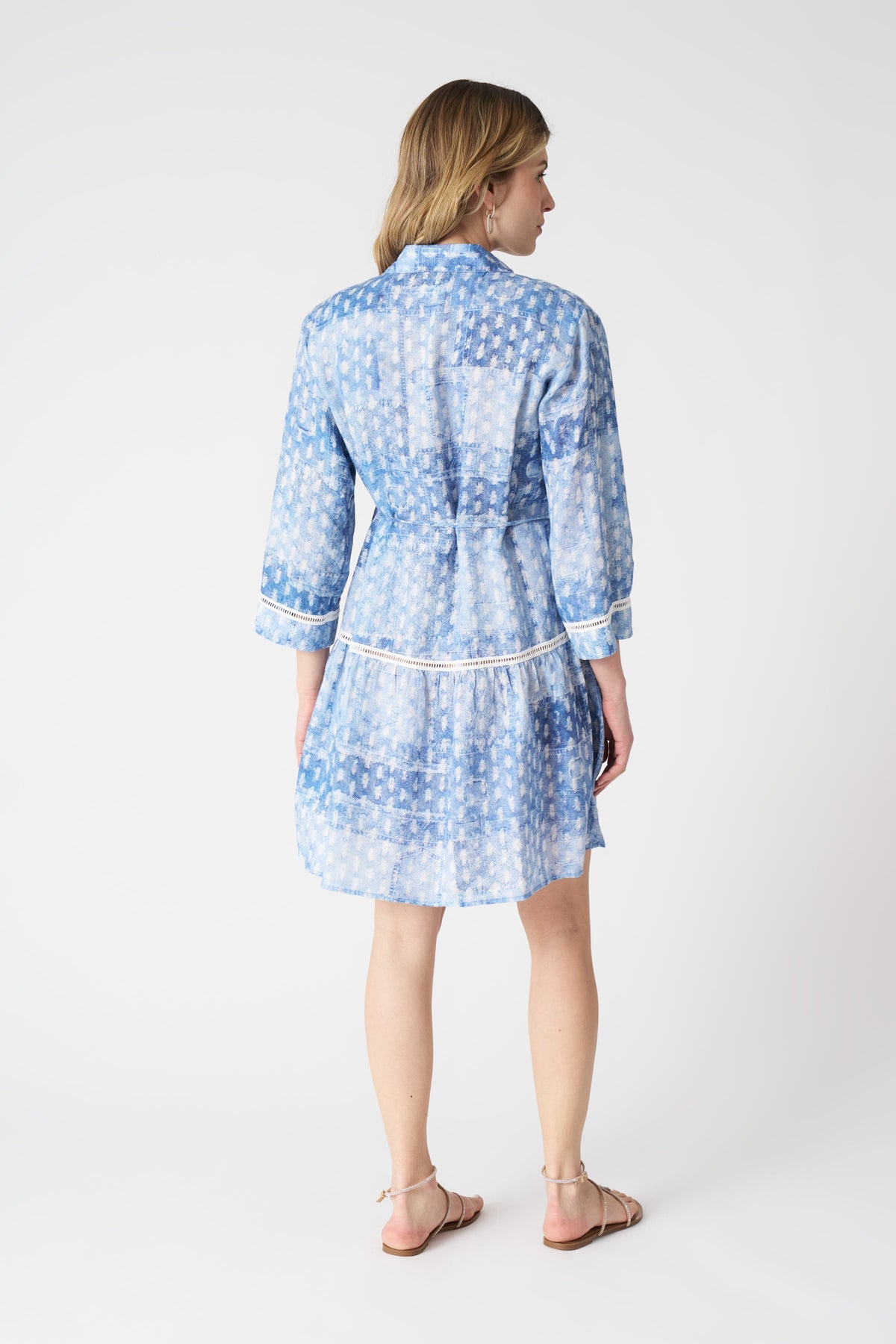 Women's Linen Patchwork-Effect Dress – Washed-Blue Print, view 3