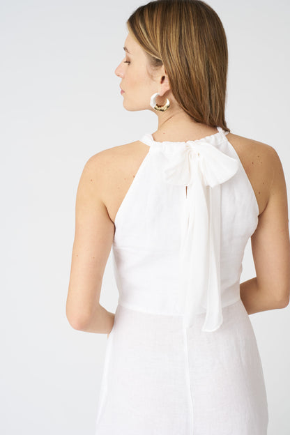Women's Linen Maxi Tie Neck Dress – White, view 2