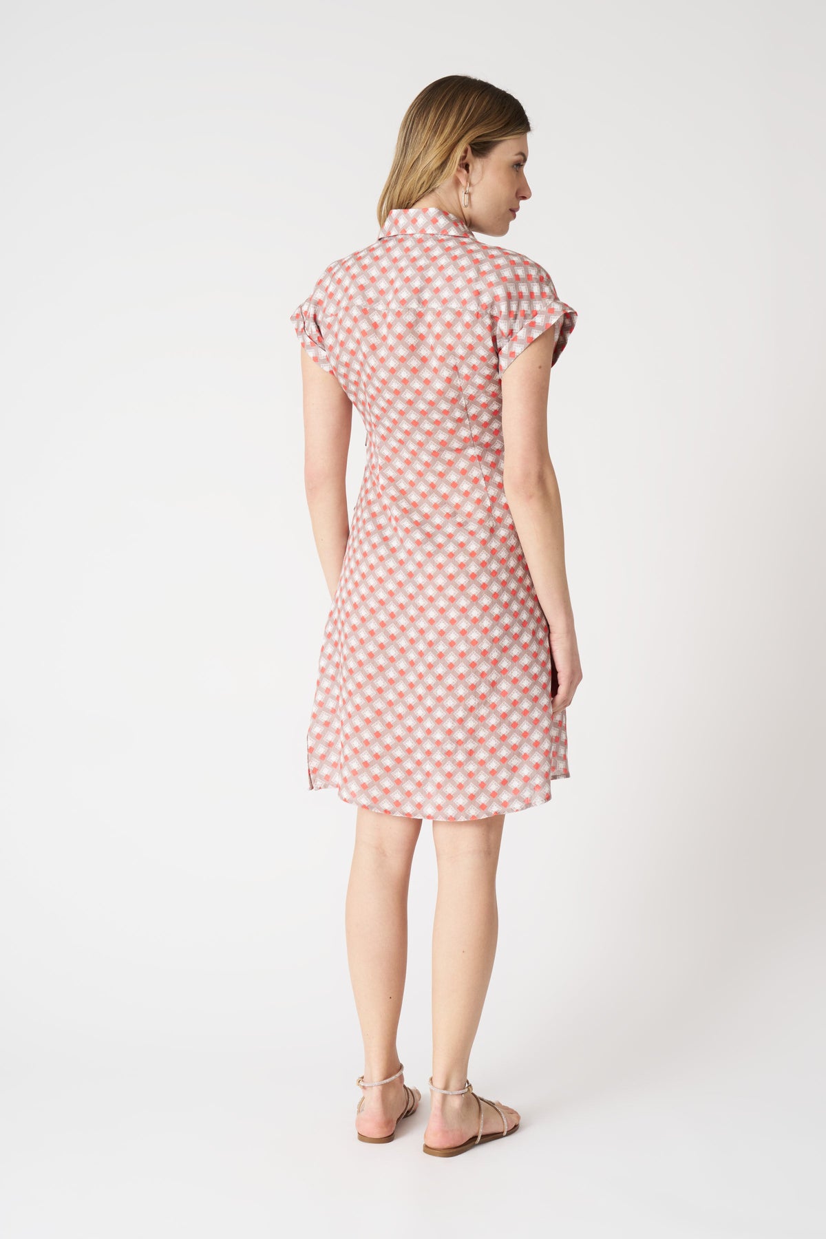 Women's Linen Geometric Dress with Draped Knot – Washed Orange, view 3