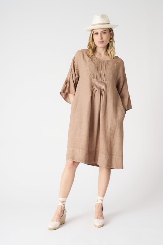 Women's Linen Dress with Pintuck Details – Tabacco Soft Fade, view 1