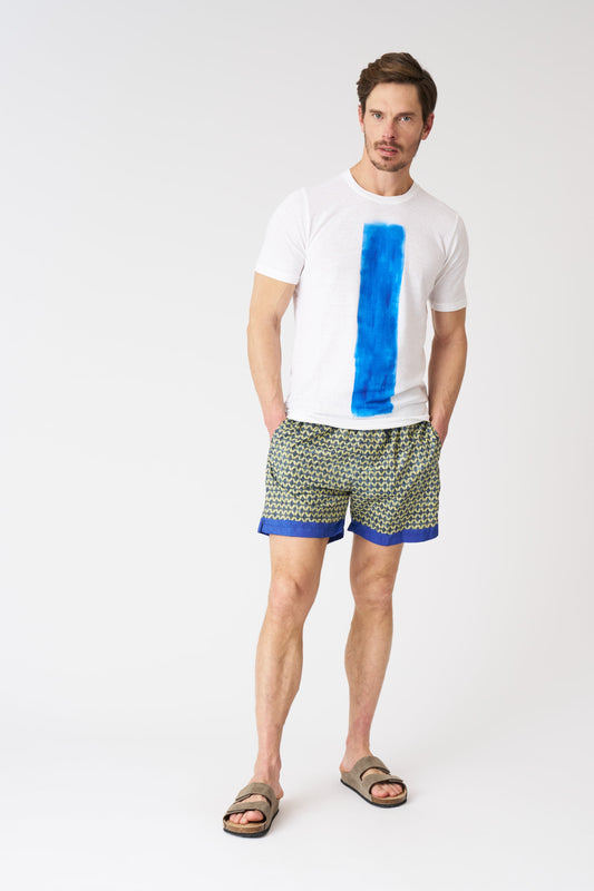 Men's Linen Geometric Green with Contrast Stripe Swim Trunks – Print + Midnight, view 1