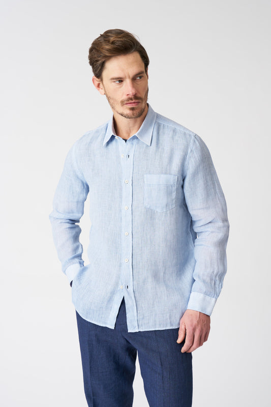 Men's Italian Collar Regular Fit Linen Shirt with Pocket – Sky Soft Fade, view 1