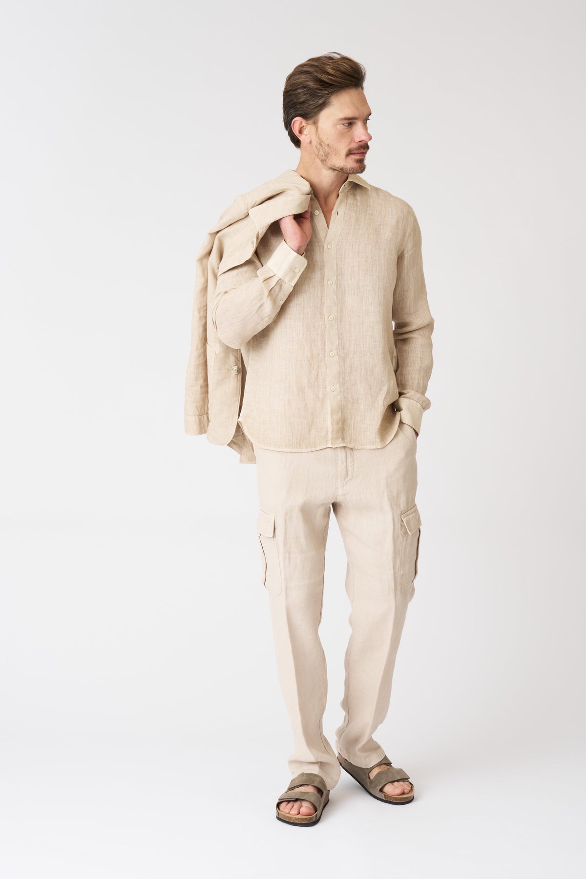 Men's Slim Fit Linen Shirt – Beige Soft Fade, view 3