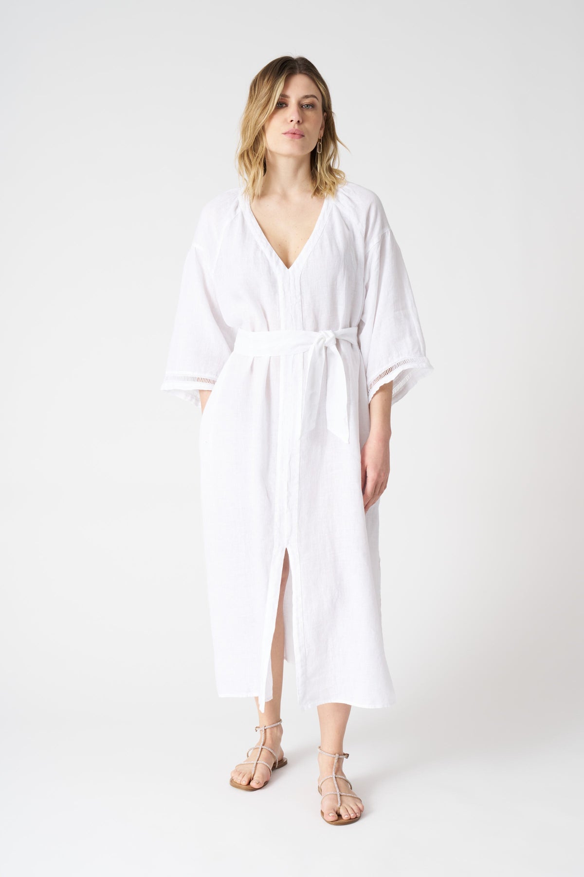 Women's Linen Kimono Dress with Belt – White, view 1