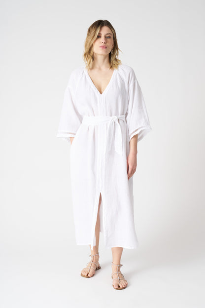 Women's Linen Kimono Dress with Belt – White, view 1