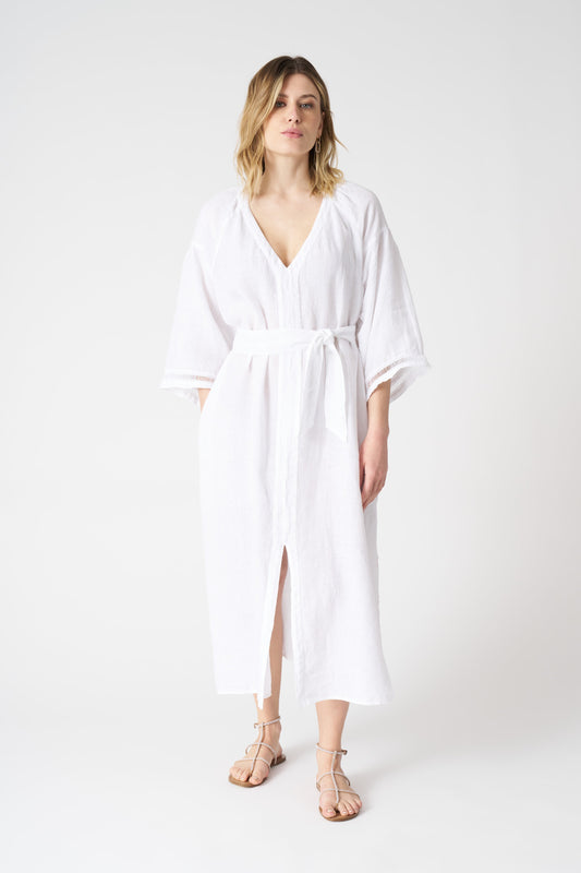 Women's Linen Kimono Dress with Belt – White, view 1