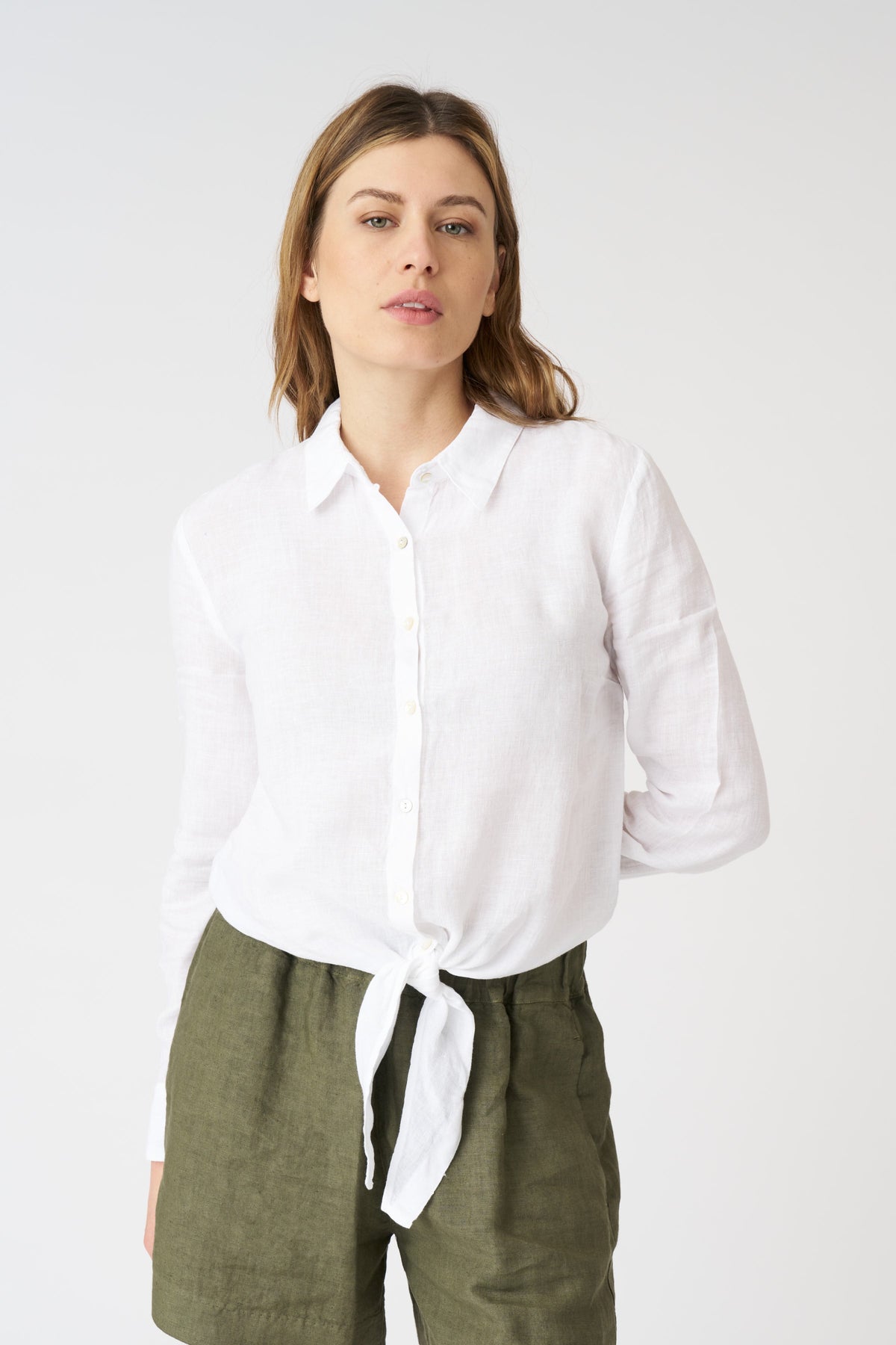 Women's Linen Shirt with Tie Detail – White, view 1