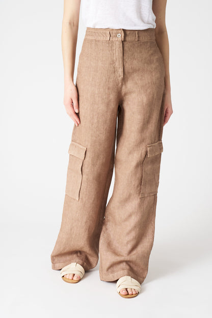 Women's Linen Wide-Leg Cargo Pants – Tabacco Soft Fade, view 3