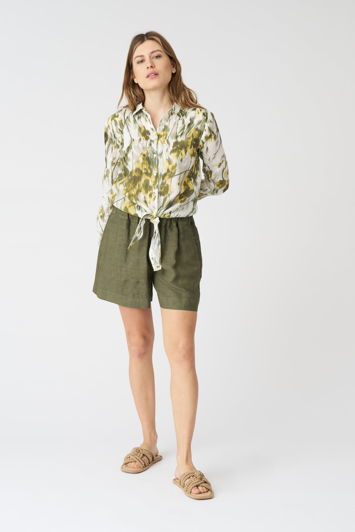 Women's Linen Japanese Flower Tie-Front Shirt – Washed-Green Print, view 3