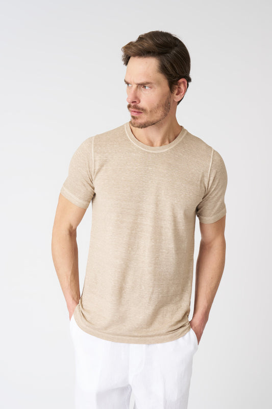 Men's Linen Crewneck T-Shirt – Beige Soft Fade, view 1
