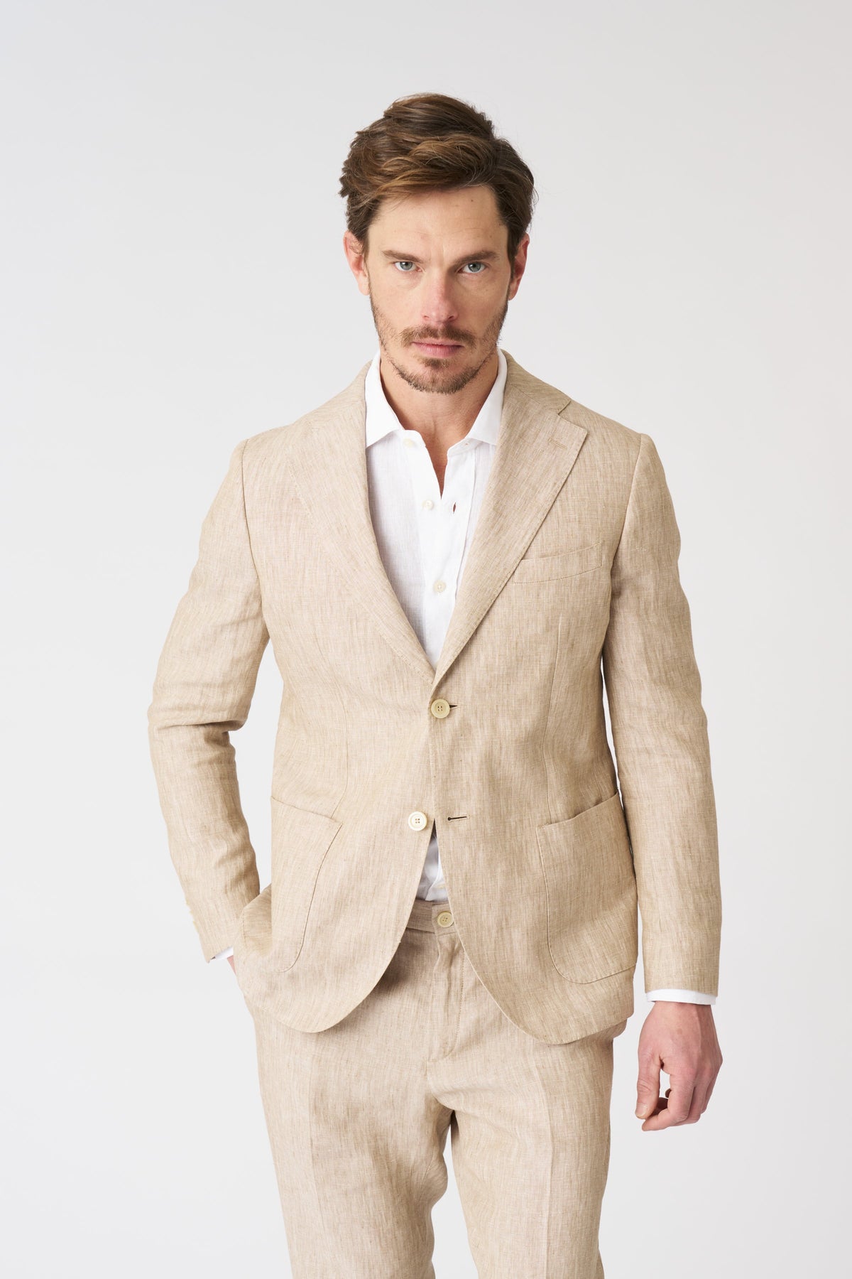 Men's Linen Slim Fit Single-Breasted Blazer with Patch Pockets – Beige, view 1