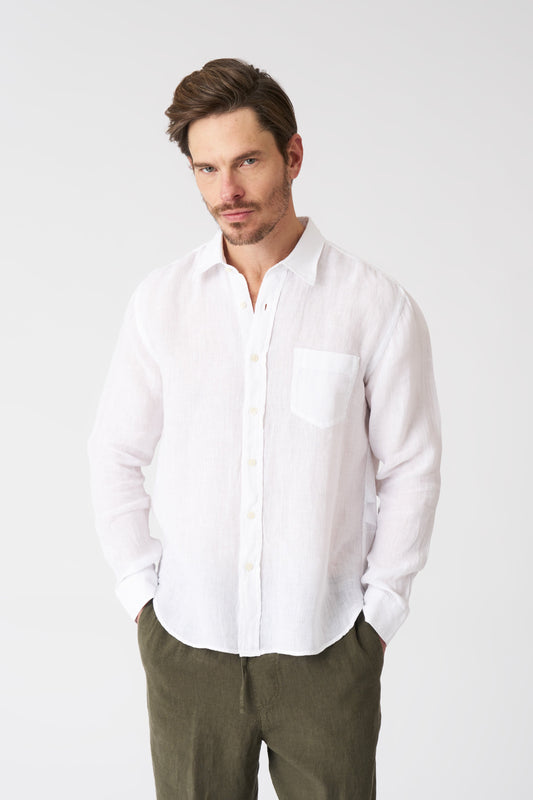 Men's Italian Collar Regular Fit Linen Shirt with Pocket – White, view 1