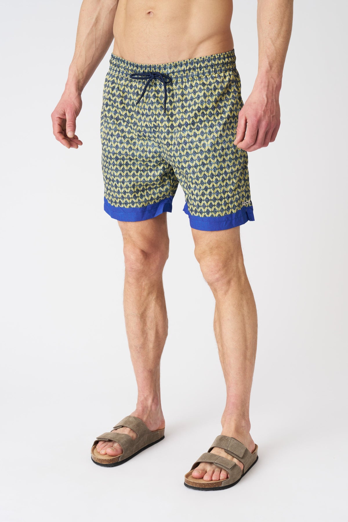 Men's Linen Geometric Green with Contrast Stripe Swim Trunks – Print + Midnight, view 3