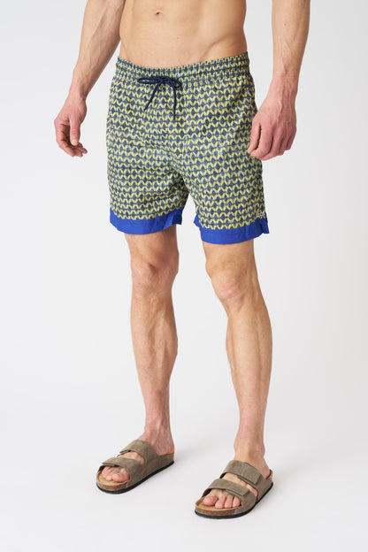 Men's Linen Geometric Green with Contrast Stripe Swim Trunks – Print + Midnight, view 3