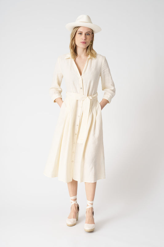 Women's Linen V-Neck Shirt Dress with Belt – Ecru, view 1