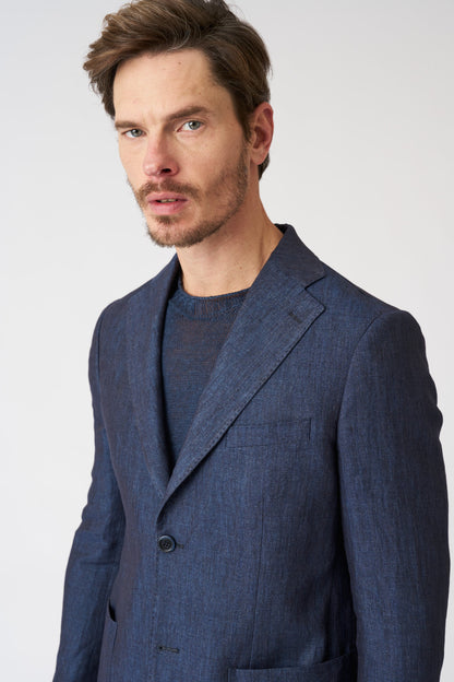 Men's Linen Slim Fit Single-Breasted Blazer with Patch Pockets – Navy, view 2