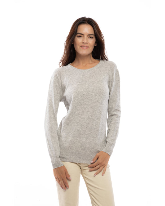 Melange gray cashmere crewneck sweater, shown from the front on a model.